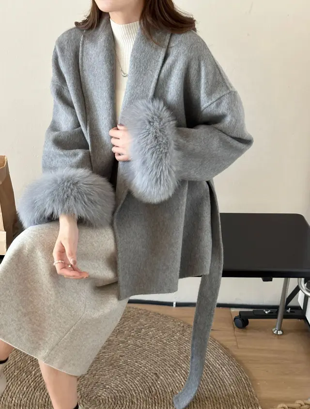Reversible Cashmere Coat Advanced Sense Tie front Top Gray - Shop at LoveMi