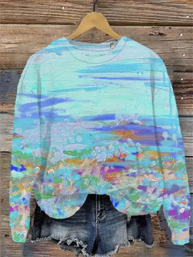 Women's Printed Crew Neck Sweatshirt Blue - Shop at LoveMi