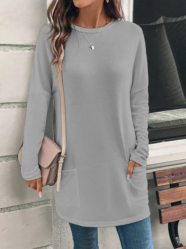 Women's Solid Color Long Sleeve Loose Round Neck Pocket Top T shirt Gray - Shop at LoveMi