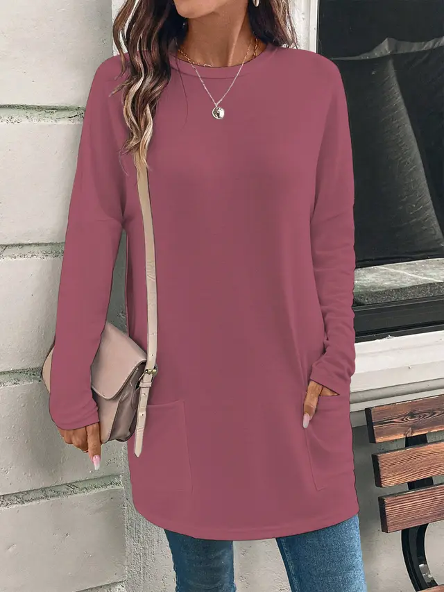 Women's Solid Color Long Sleeve Loose Round Neck Pocket Top T shirt Leather Red - Shop at LoveMi