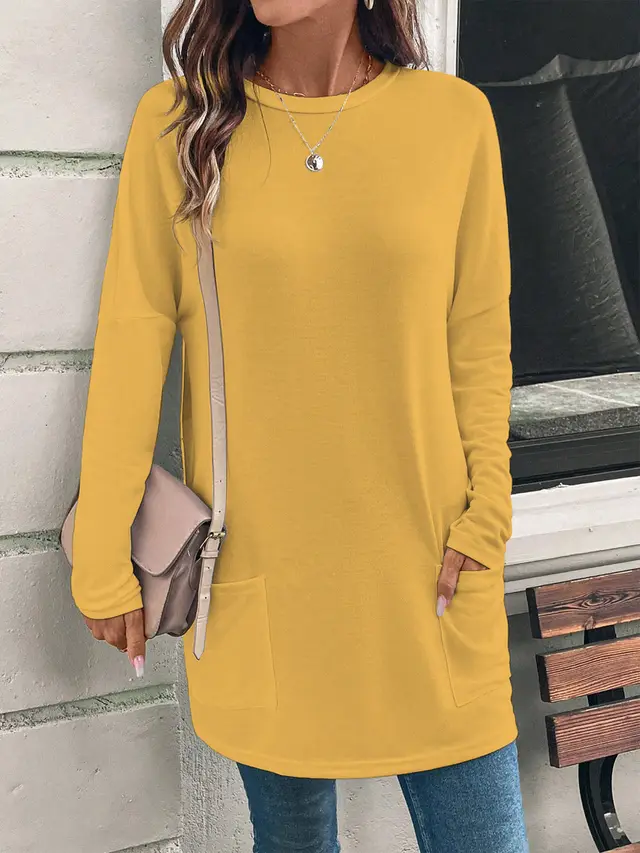 Women's Solid Color Long Sleeve Loose Round Neck Pocket Top T shirt Orange - Shop at LoveMi