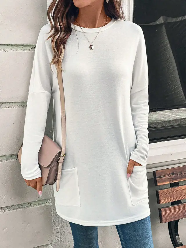 Women's Solid Color Long Sleeve Loose Round Neck Pocket Top T shirt White - Shop at LoveMi