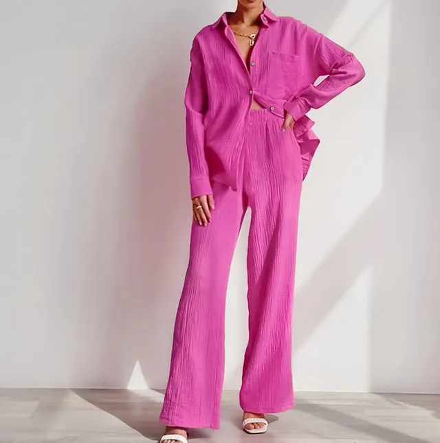 Loose Elastic Wrinkle Long Sleeve Shirt Wide Leg Pants Casual Suit Rose Red - Shop at LoveMi