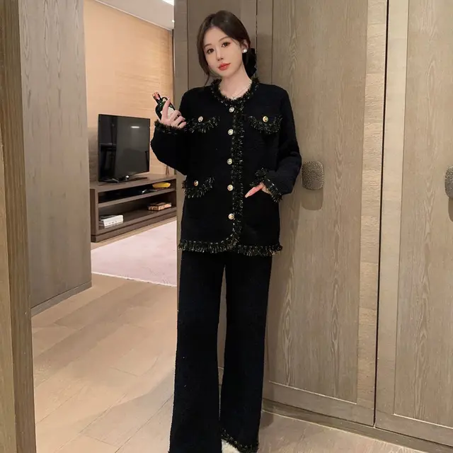 Velvet French Entry Lux Pajamas Cute Soft Warm Classic Style Thick Soft Black - Shop at LoveMi