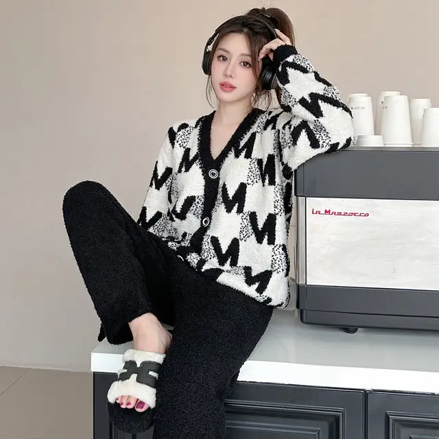 Velvet French Entry Lux Pajamas Cute Soft Warm Classic Style Thick Soft M Letter - Shop at LoveMi