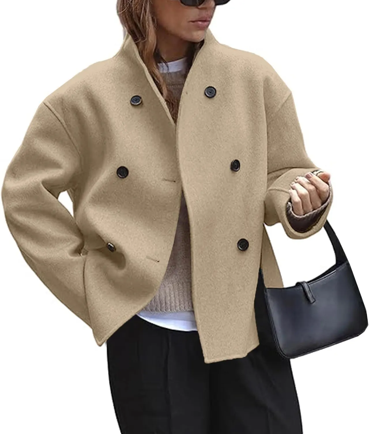 Fashion Three-row Button Short Plaids And Tweedst Coat Double-faced Woolen Goods For Autumn And Winter - Khaki