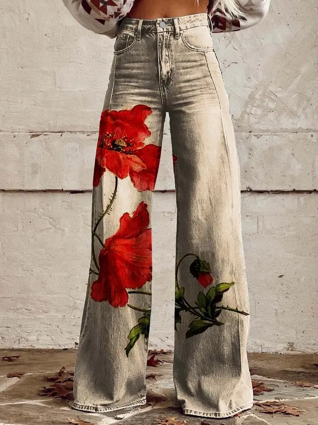 Pattern Women's Wide legged Pants Anti jeans 3D Digital Printing Yj4111Kk - Shop at LoveMi