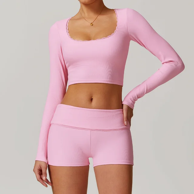 Threaded Tight Long sleeved T shirt Yoga Clothes Breathable Quick drying Top Fitness Exercise Cherry Blossom Powder - Shop at LoveMi
