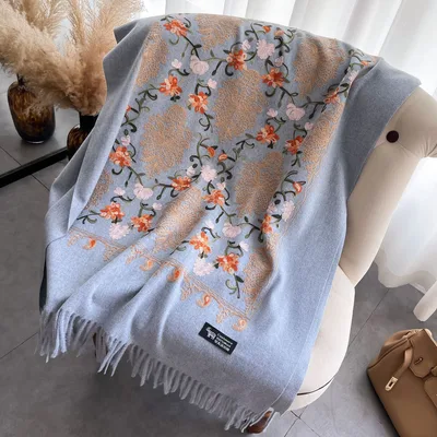 Ethnic Style Cashmere like Embroidery Tassel Scarf Light Blue - Shop at LoveMi
