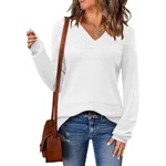 V-neck Hollow-out Pullover Knitted Rib Sweater - Solid Color White