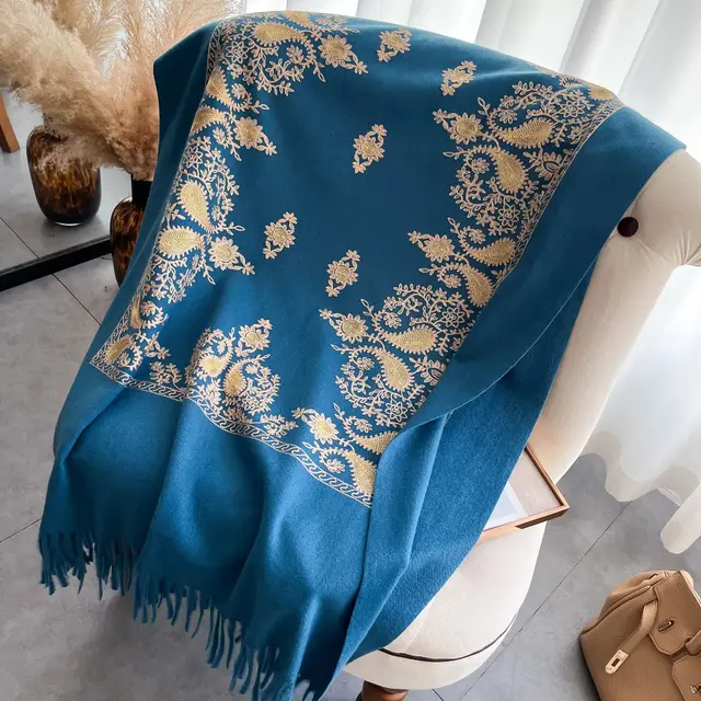 Scarf Shawl Women's Winter Cashmere like Warm Embroidery Peacock Blue - Shop at LoveMi