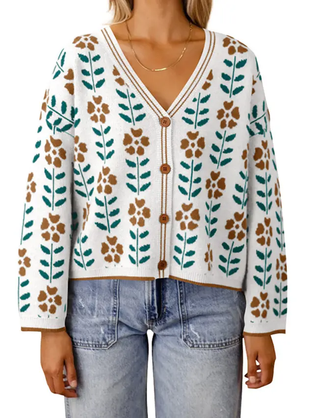 European And American Ladies Single breasted Long Sleeve Flower Sweater White - Shop at LoveMi