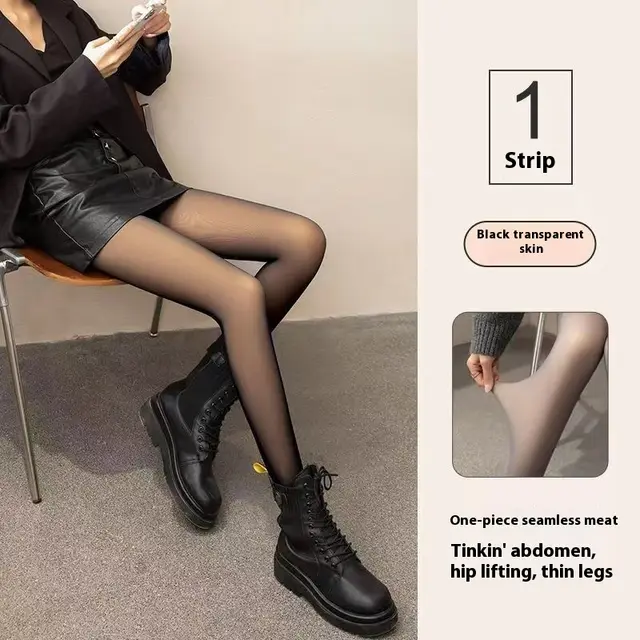 Spring, Autumn And Winter Fleece lined Thick Pantyhose Black Transparent Jumpsuit - Shop at LoveMi