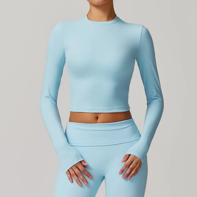 Tight Beautiful Back Tank top Slim Fit Long Sleeve Yoga Wear Sky Blue - Shop at LoveMi