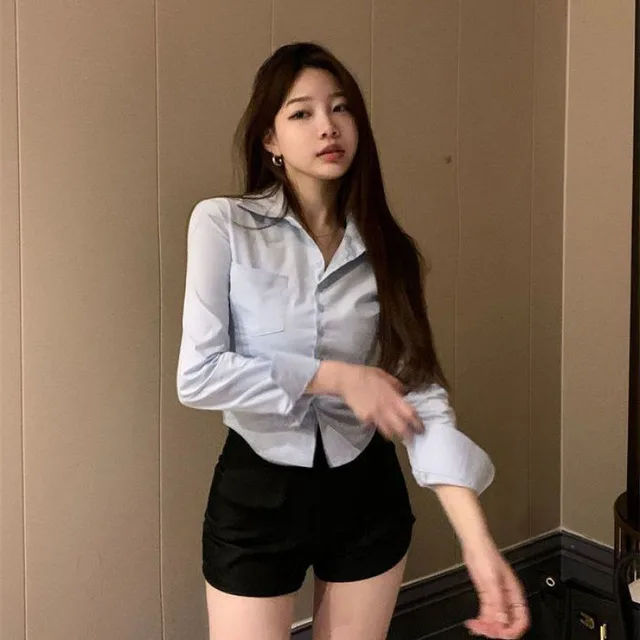 Waist Trimming Long sleeved Uniform Shirt Blue - Shop at LoveMi