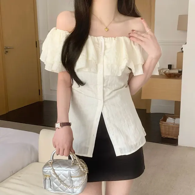 French Style Design Ruffled Off shoulder Shirt Beige Apricot - Shop at LoveMi