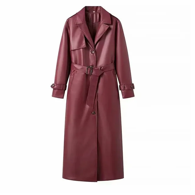 Long Poly Urethane Leather Trench Coat Dark Red - Shop at LoveMi