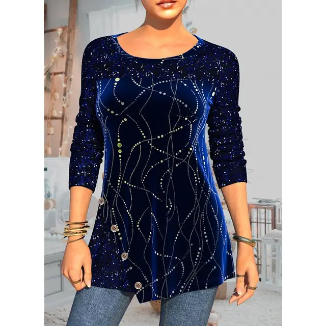 Women's Long sleeved Sequined Printed Pullover Loose Round Neck Street T shirt Blue - Shop at LoveMi