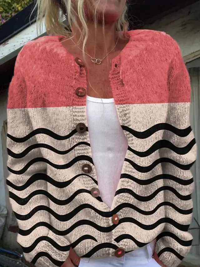 New 3D Digital Printed Cardigan Knitted Jacket For Women Pink - Shop at LoveMi
