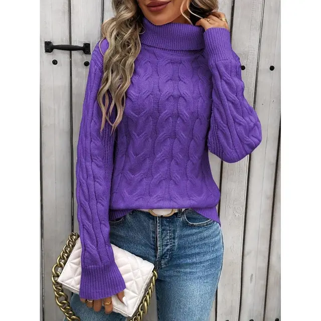 Women's Cable knit Turtleneck Sweater Purple - Shop at LoveMi