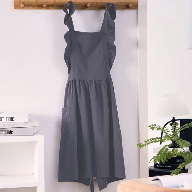 Shoulder Strap Flounce Apron Waterproof Cotton Baking Kitchen Gray - Shop at LoveMi