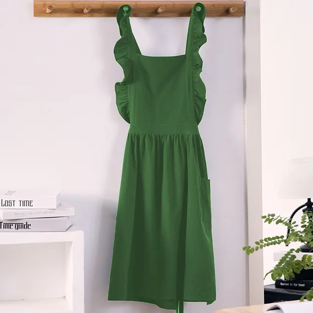 Shoulder Strap Flounce Apron Waterproof Cotton Baking Kitchen Green - Shop at LoveMi
