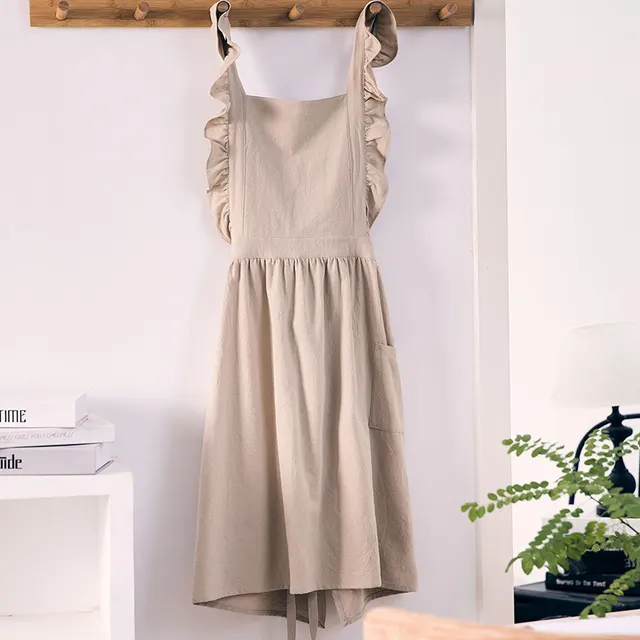 Shoulder Strap Flounce Apron Waterproof Cotton Baking Kitchen Khaki - Shop at LoveMi