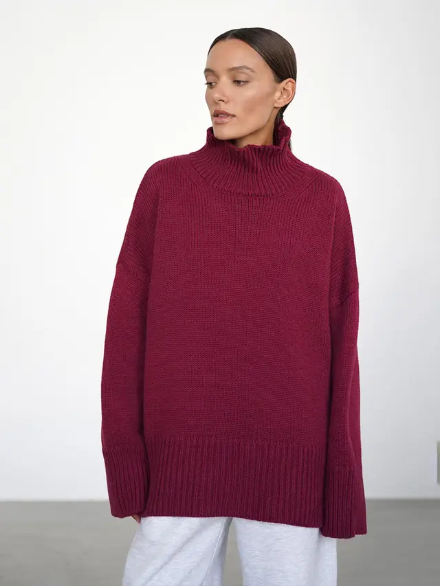 European And American Style Autumn And Winter Solid Color Turtleneck Sweater Loose Wine Red - Shop at LoveMi