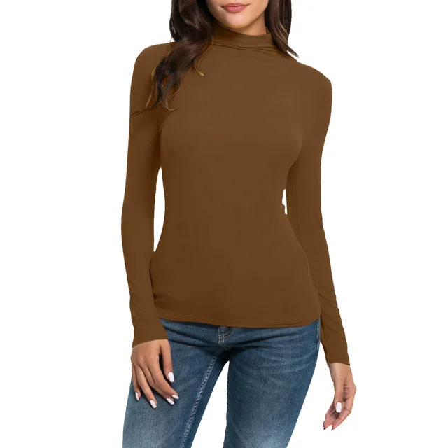 Women's Casual Long sleeved Turtleneck Solid Color Top Bottoming Shirt Brown - Shop at LoveMi