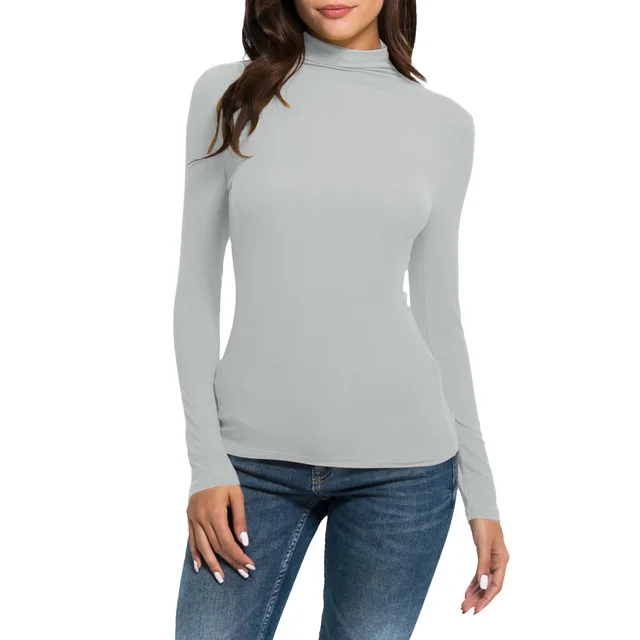 Women's Casual Long sleeved Turtleneck Solid Color Top Bottoming Shirt Light Gray - Shop at LoveMi