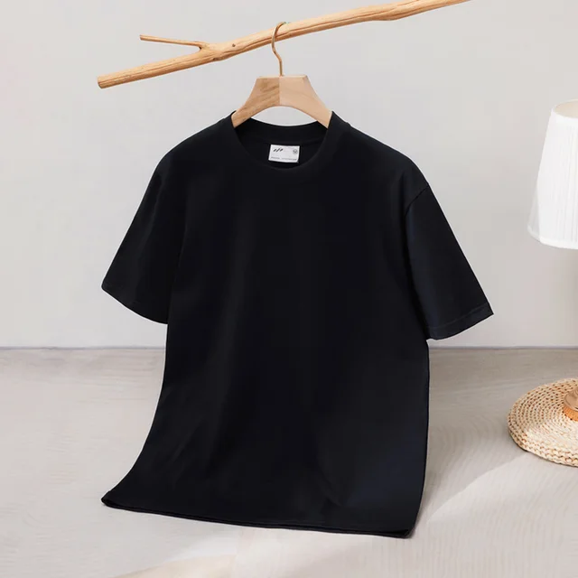 240 Cotton Short Sleeve Double Yarn Heavy T Men And Women Loose Round Neck Black - Shop at LoveMi