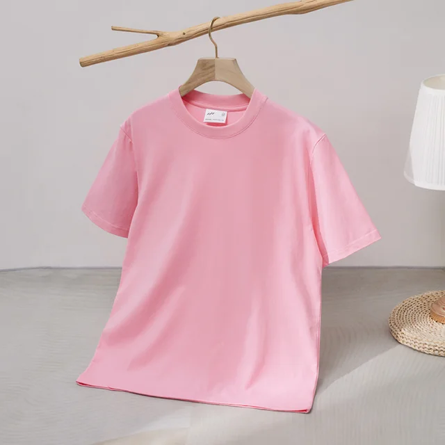 240 Cotton Short Sleeve Double Yarn Heavy T Men And Women Loose Round Neck Cherry Blossom Powder - Shop at LoveMi