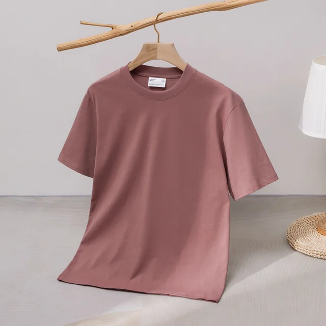 240 Cotton Short Sleeve Double Yarn Heavy T Men And Women Loose Round Neck Pink - Shop at LoveMi