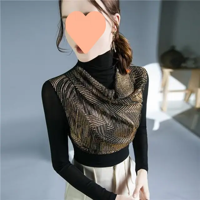 Sequin Stitching Long Sleeve Mesh Undershirt Inner Wear Black - Shop at LoveMi