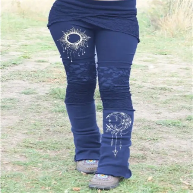 European And American Style Lace Printed Patchwork Stretch Leggings Blue - Shop at LoveMi
