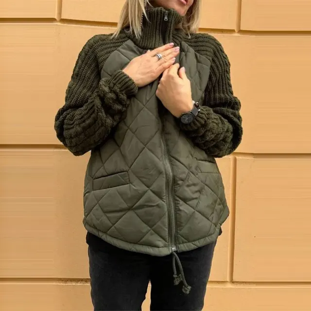 Winter Stand Collar Cotton Jacket With Pockets Fashion Knitted Stitching Zipper Coat Warm Tops For Women Clothing Army Green - Shop at LoveMi