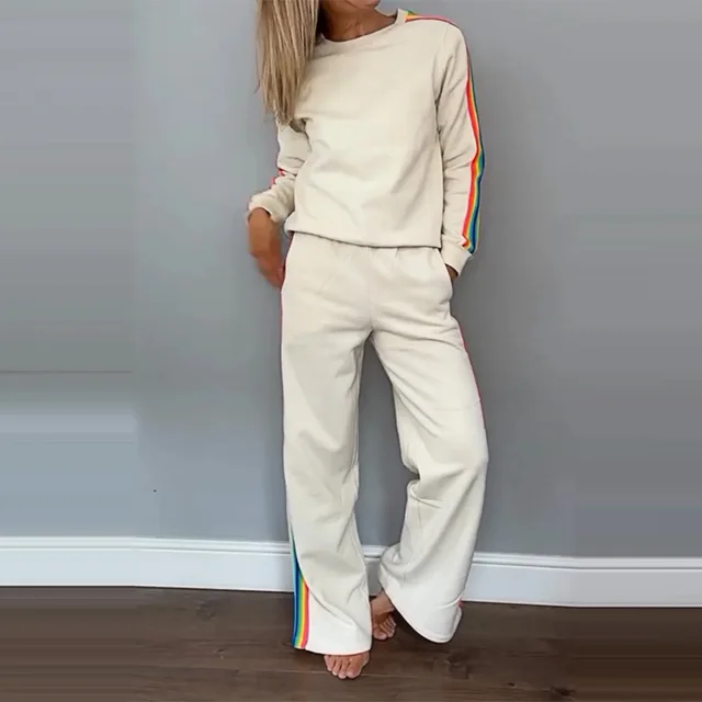 Autumn New Fashion Women's Clothing Crew Neck Casual Sweater Pants Suit White - Shop at LoveMi