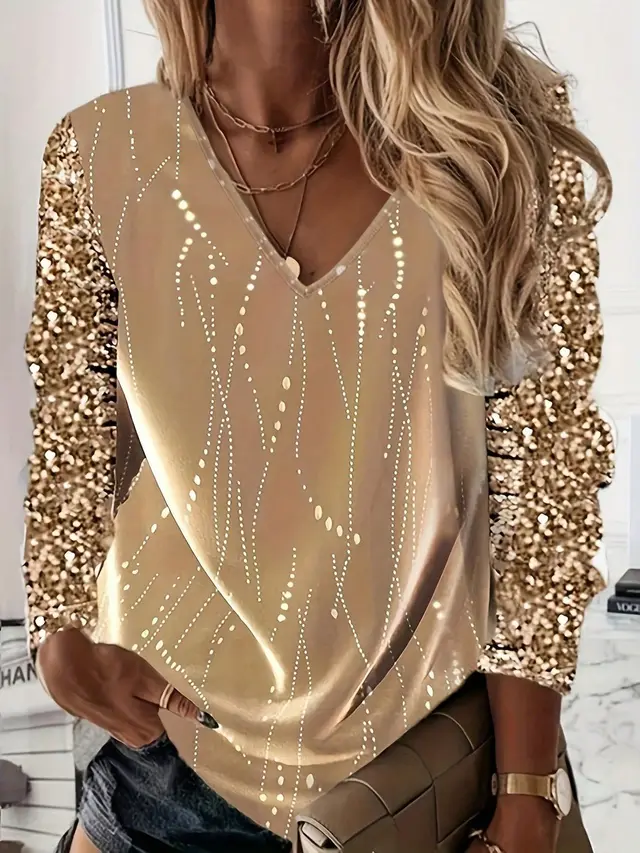Milk Silk V neck Sequins Long Sleeve Pullover Top Women Yellow - Shop at LoveMi