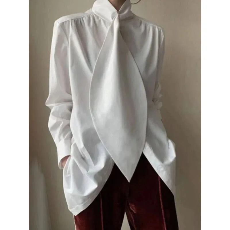 Women's Original Design Inspiration Designer Model Top Shirt Women's Long Sleeve Loose Lapels White Black Blue - White