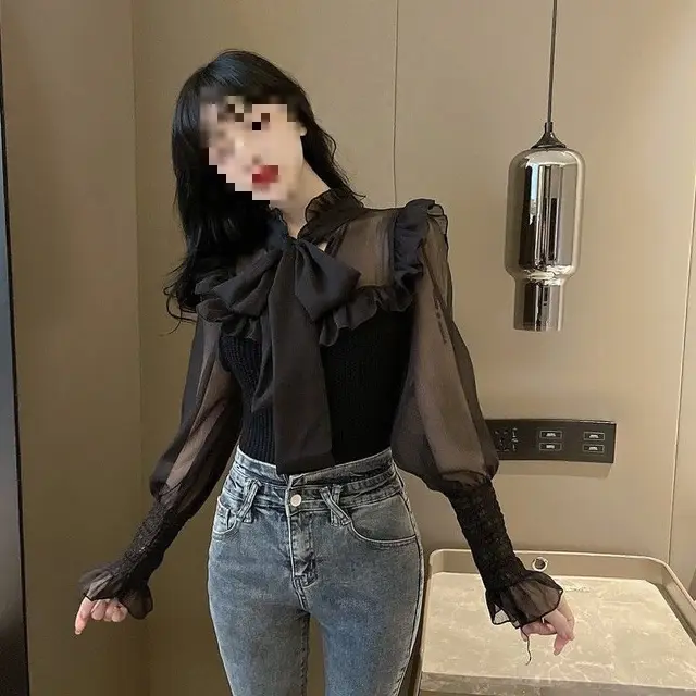 Sweet Elegant Chiffon Patchwork Puff Sleeve Shirt For Women Black - Shop at LoveMi