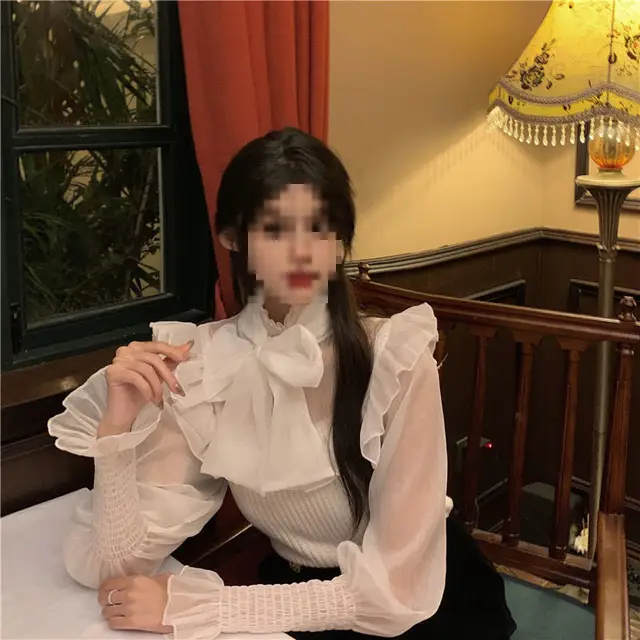 Sweet Elegant Chiffon Patchwork Puff Sleeve Shirt For Women White - Shop at LoveMi