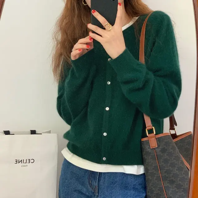 Short Round Neck Bandage Dress Base Sweater Coat Top Dark Green - Shop at LoveMi