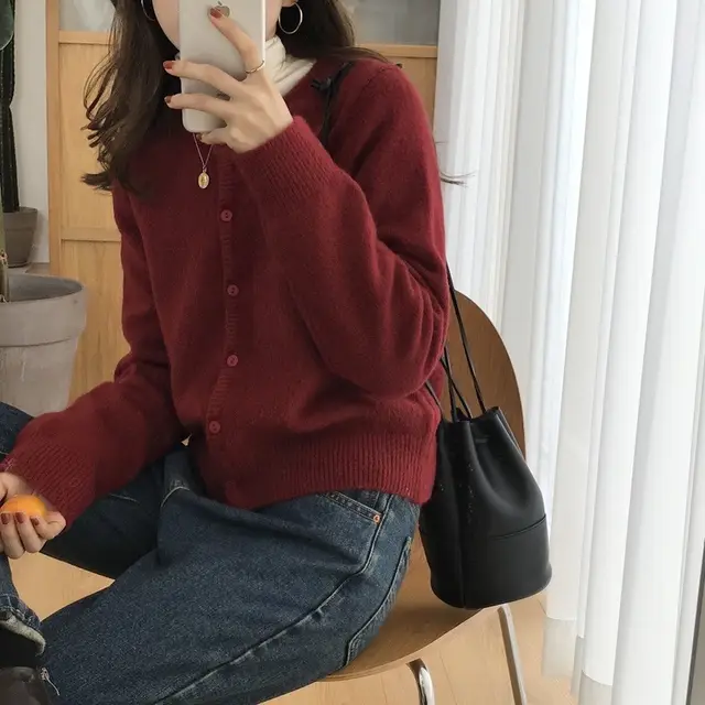 Short Round Neck Bandage Dress Base Sweater Coat Top Wine Red - Shop at LoveMi