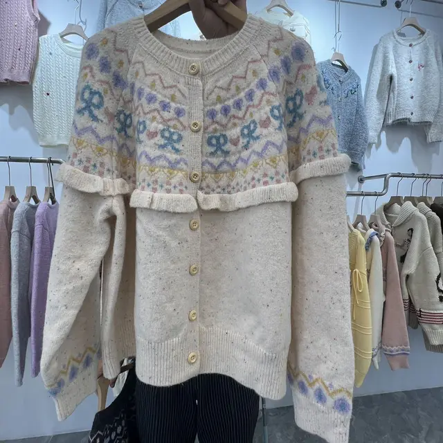 Bow Color Knitted Cardigan Coat Female Autumn And Winter Loose Design Sense Retro Crew Neck Beige - Shop at LoveMi