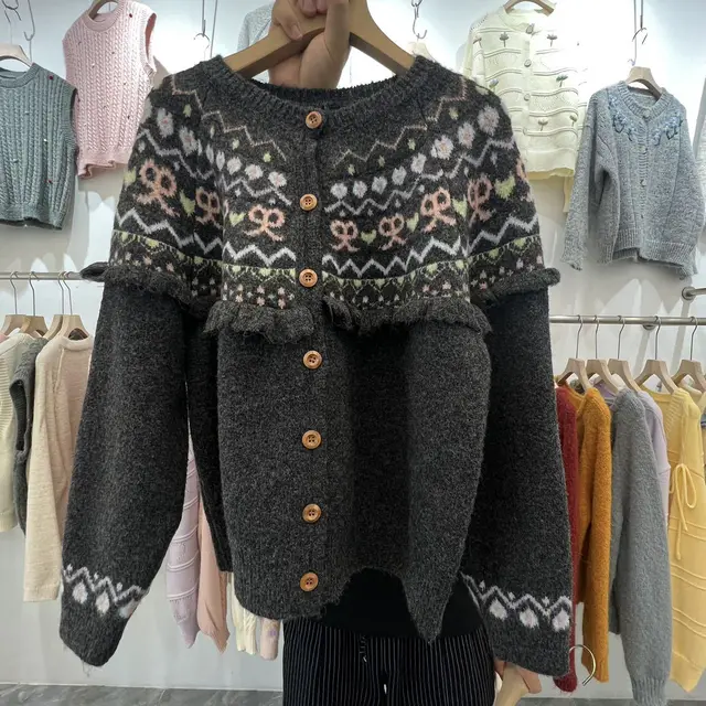 Bow Color Knitted Cardigan Coat Female Autumn And Winter Loose Design Sense Retro Crew Neck Gray - Shop at LoveMi