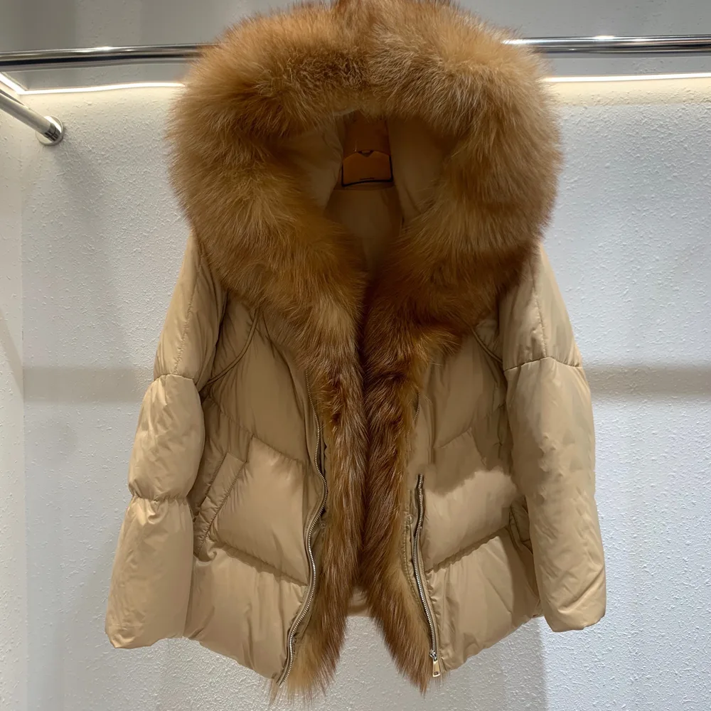 Fox Big Fur Collar Duck Down Down Jacket Female - Khaki