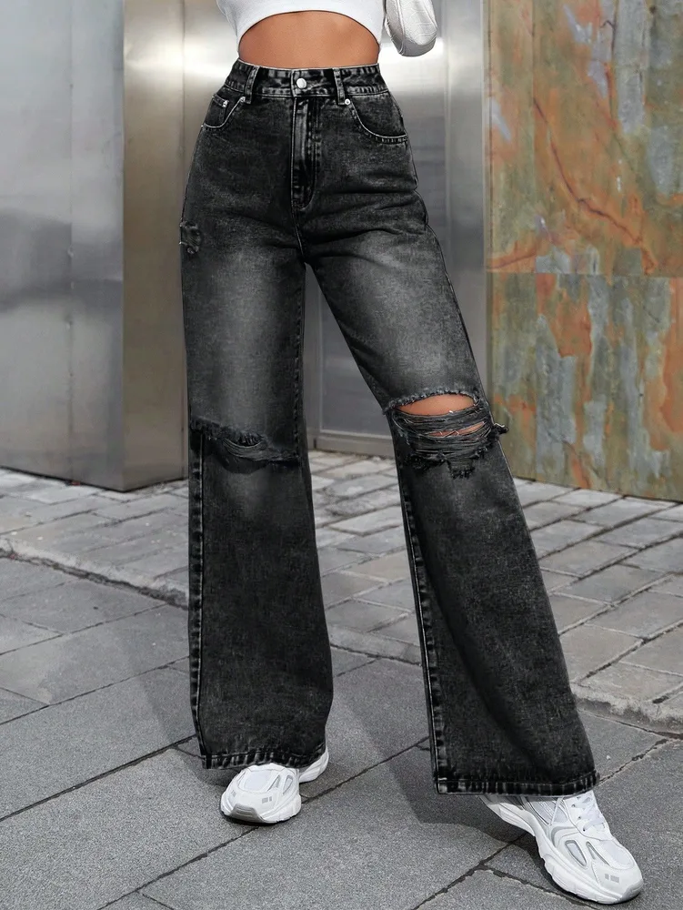 Fashion Holes High Waist Wide Leg Pants Casual Denim Trousers Dark Gray - Shop at LoveMi