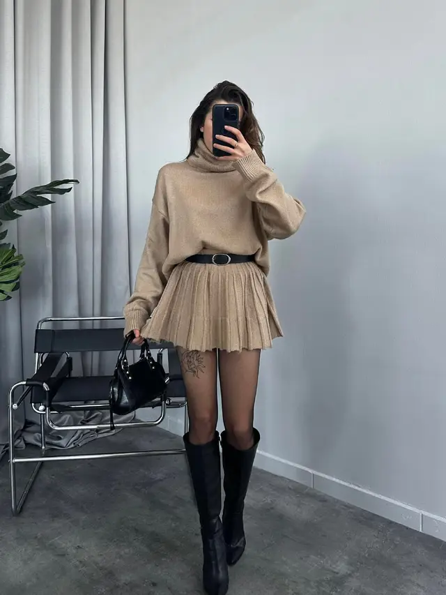 Autumn New Solid Color Round Neck Loose Top Simple All matching Skirt Suit Apricot - Shop at LoveMi
