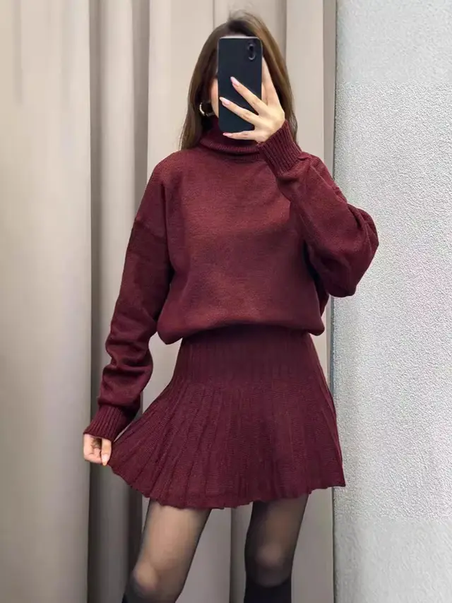 Autumn New Solid Color Round Neck Loose Top Simple All matching Skirt Suit Red - Shop at LoveMi