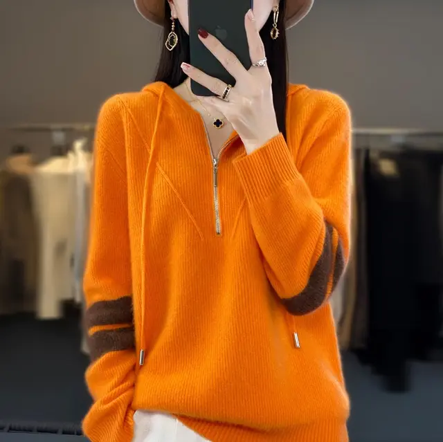Hooded Zipper Thickening Knitwear Women's Color Matching Sweater Emma Orange - Shop at LoveMi